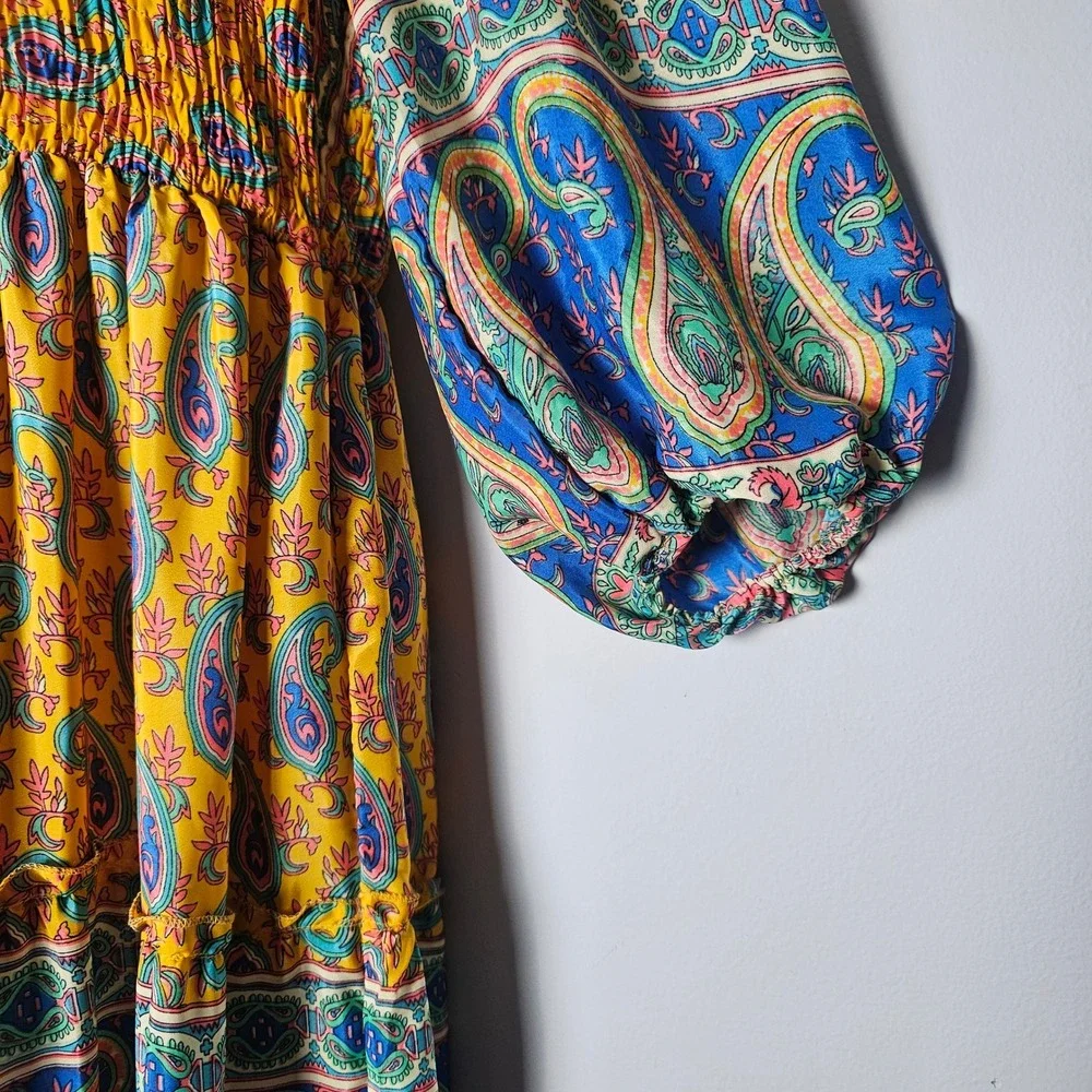 ME2MAGIC Yellow Paisley Smocked Maxi Dress‎ Square Neck Balloon Sleeve Boho M - Picture 10 of 12